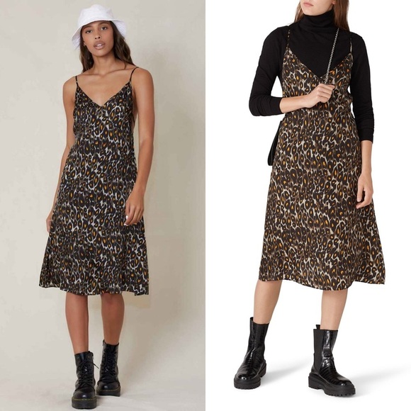 R13 90s Leopard Print Italian Fabric Sleeveless V-Neck Back Tie Slip Dress M - Picture 3 of 10